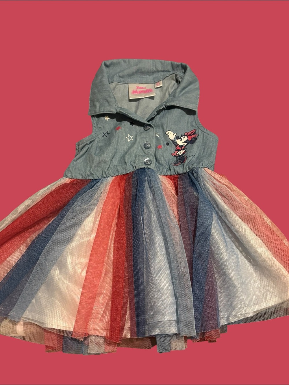 Girls' Sleeveless Denim Minnie Mouse Tulle Dress Jacket - Red White Blue